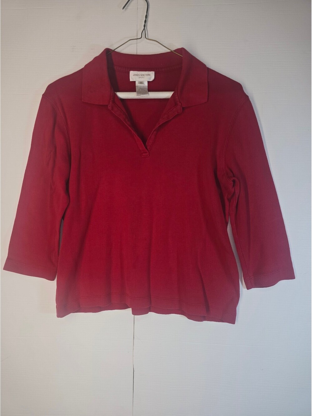 Jones New York Sport Womens M Red 3/4 Sleeve Johnny Collar Polo Shirt
